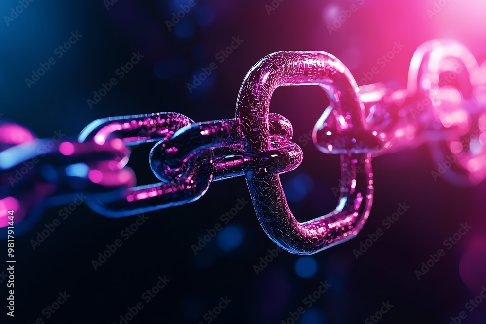 Close-up of a shiny metallic chain in vibrant colors, highlighting its strength and connection. Ideal for technology or security themes.
