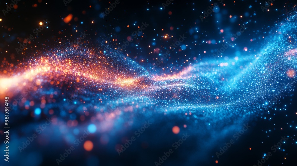 Obraz premium Abstract Blue and Orange Glowing Particles Swirling in the Dark