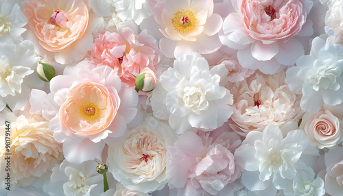 Soft, blooming peonies and roses in pastel shades, adding a delicate and feminine touch