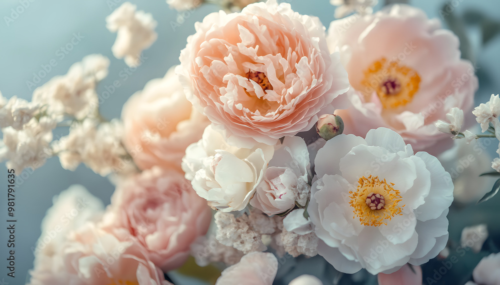 Soft, blooming peonies and roses in pastel shades, adding a delicate and feminine touch Soft, blooming peonies and roses in pastel shades, adding a delicate and feminine touch