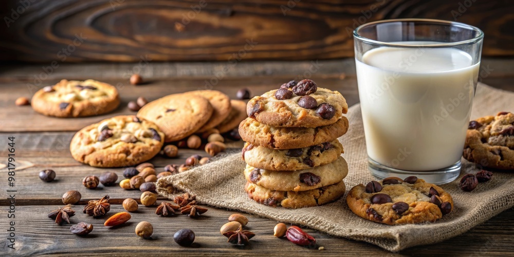 Homemade cookies with raisins, chocolate, nuts and milk on a wooden table and a art phone. Breakfast. Close up, cookies Homemade cookies with raisins, chocolate, nuts and milk on a wooden table and a art phone. Breakfast. Close up, cookies
