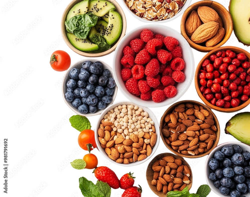Vibrant assortment of healthy fruits and nuts in bowls, perfect for promoting nutrition and lifestyle choices. Vibrant assortment of healthy fruits and nuts in bowls, perfect for promoting nutrition and lifestyle choices.