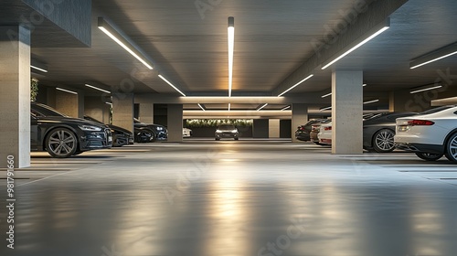 Modern Underground Parking Garage with Row of Cars