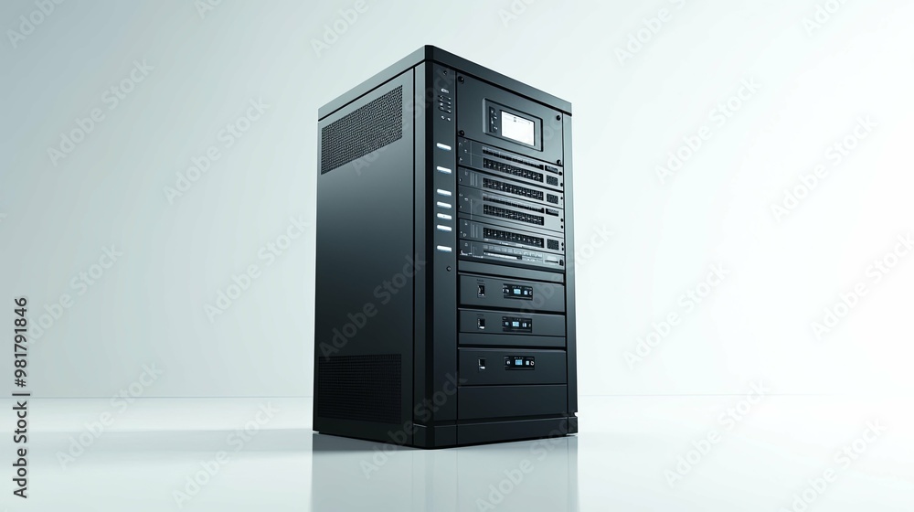 Black Server Rack with Multiple Connections and Display Screen Black Server Rack with Multiple Connections and Display Screen