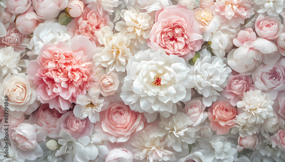 Soft, blooming peonies and roses in pastel shades, adding a delicate and feminine touch Soft, blooming peonies and roses in pastel shades, adding a delicate and feminine touch