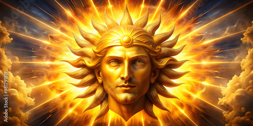 Powerful sun god with a radiant face of gold and fiery rays emanating around him, Solar deity, celestial being photo