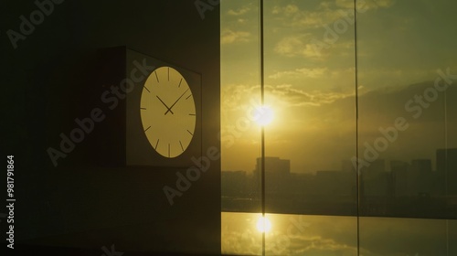 102. Timelapse of a sleek wall clock, with the sun and sky mirrored on its surface, emphasizing the continuous flow of time and the beauty of changing light photo