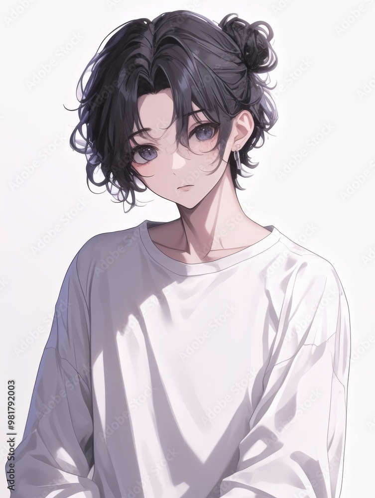 Handsome anime boy with a bun, dressed in white pajamas, showcasing an emo style.

