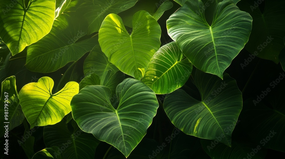108. The vibrant green leaves of alocasia odora catching the morning sun, with the light emphasizing their texture and pattern, creating a tranquil, tropical atmosphere 108. The vibrant green leaves of alocasia odora catching the morning sun, with the light emphasizing their texture and pattern, creating a tranquil, tropical atmosphere