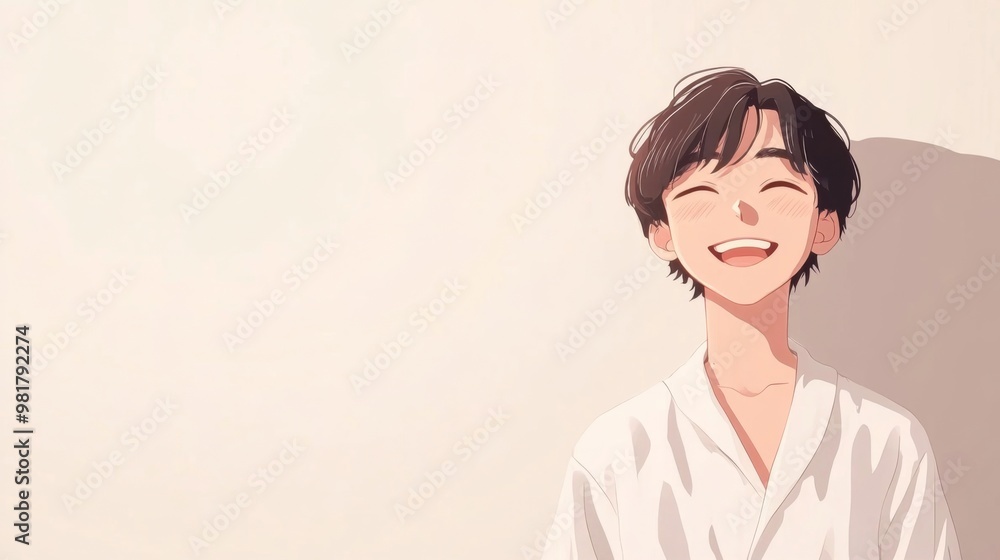 Charming anime-style character with short hair, wearing white pajamas and smiling joyfully in a minimalist style with ample copy space. Charming anime-style character with short hair, wearing white pajamas and smiling joyfully in a minimalist style with ample copy space.