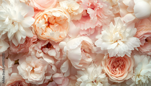 Soft, blooming peonies and roses in pastel shades, adding a delicate and feminine touch