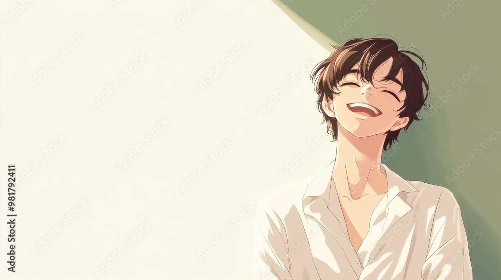 Charming anime-style character with short hair, wearing white pajamas and smiling joyfully in a minimalist style with ample copy space. Charming anime-style character with short hair, wearing white pajamas and smiling joyfully in a minimalist style with ample copy space.
