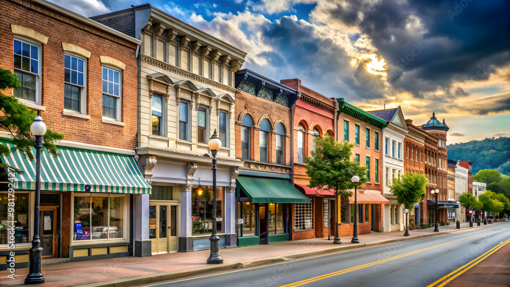 Naklejka premium Vintage storefronts lining the main street of a small town in Roanoke, USA , Small town, main street, vintage, commercial