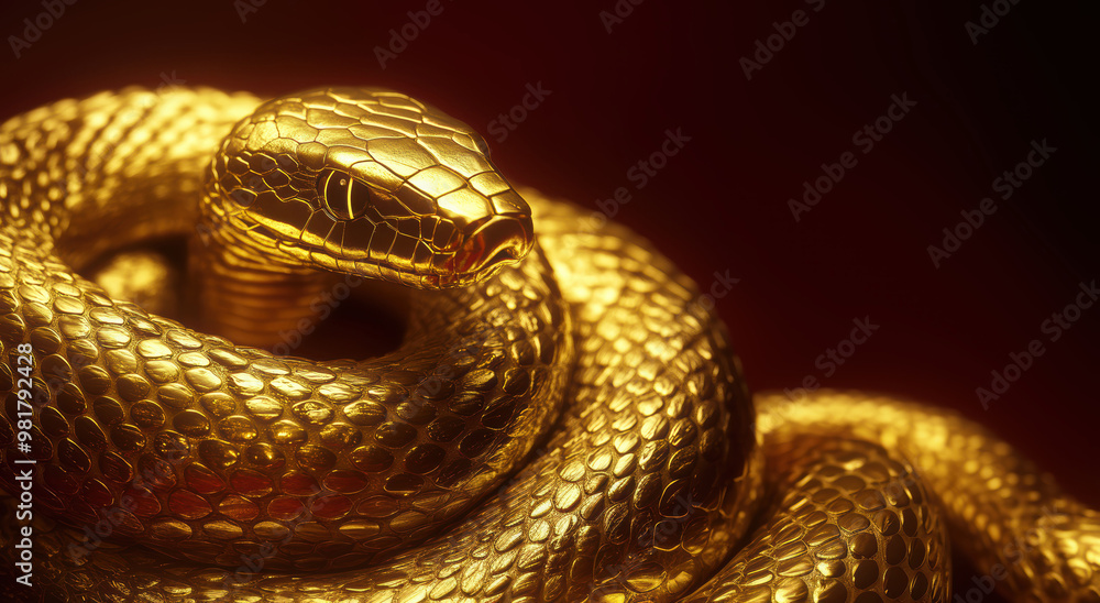 Fototapeta premium A golden serpent rests in a perfect coil, its scales reflecting a soft, warm light, creating an atmosphere of elegance and silent power.