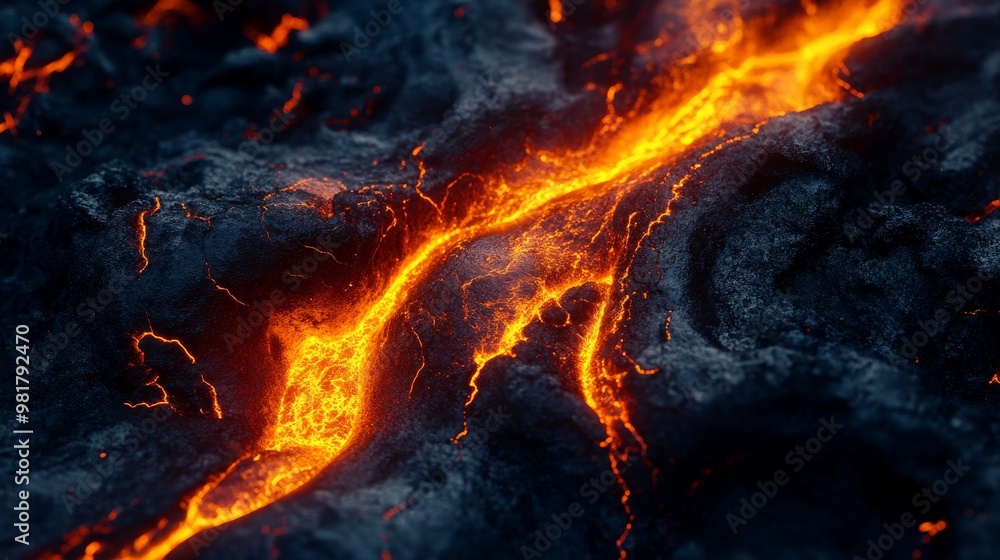 Close-up of Molten Lava Flowing Through Darkened Volcanic Rock Close-up of Molten Lava Flowing Through Darkened Volcanic Rock