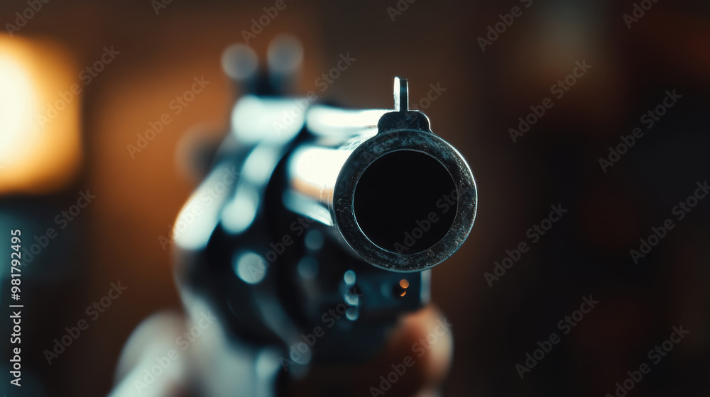 Close-up of a gun barrel viewed from the front, creating a dramatic, intense visual effect with shallow depth of field and focus on the barrel. Close-up of a gun barrel viewed from the front, creating a dramatic, intense visual effect with shallow depth of field and focus on the barrel.