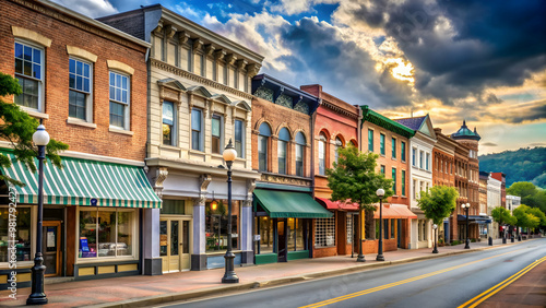 Vintage storefronts lining the main street of a small town in Roanoke, USA , Small town, main street, vintage, commercial