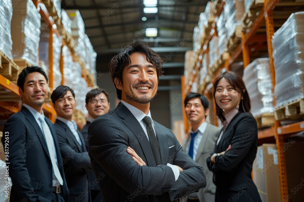 A diverse group of six professionals stands confidently in a warehouse aisle, exuding teamwork and success, highlighted by a smiling man at the forefront of the scene. A diverse group of six professionals stands confidently in a warehouse aisle, exuding teamwork and success, highlighted by a smiling man at the forefront of the scene.