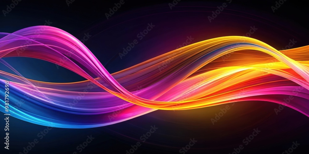 Naklejka premium Abstract background featuring flowing ribbons of pink, orange, yellow, blue, and purple against a dark backdrop , flowing