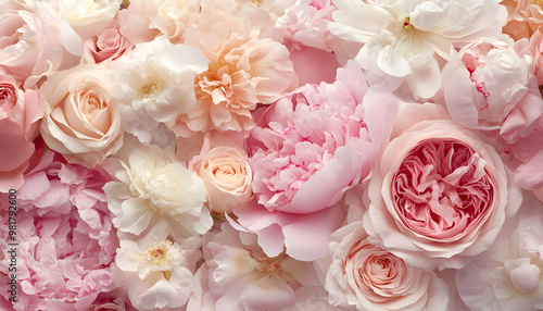 Soft, blooming peonies and roses in pastel shades, adding a delicate and feminine touch