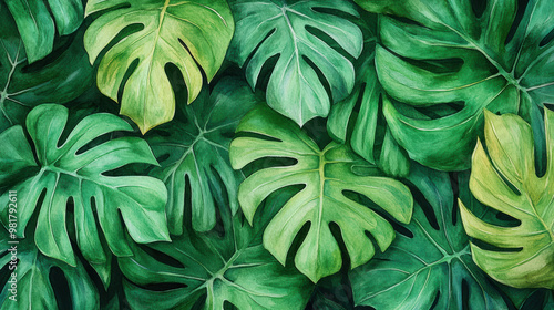 A lush, verdant arrangement of monstera leaves creates a rich, tropical collage, emphasizing the beauty of nature’s green hues. photo