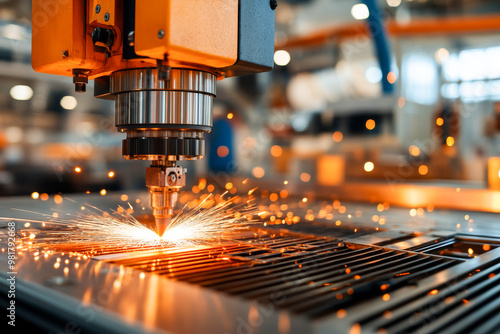 An industrial CNC machine is heavily engaged in cutting metal, with an explosion of sparks lighting up the surrounding area, representing precision and advanced manufacturing technology.