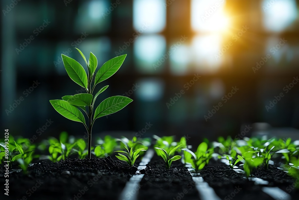 Fresh green seedling emerging from soil in a bright, sunlit greenhouse symbolizes growth and new beginnings. Fresh green seedling emerging from soil in a bright, sunlit greenhouse symbolizes growth and new beginnings.