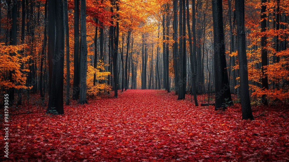 Fototapeta premium Autumn Forest Path with Red Leaves
