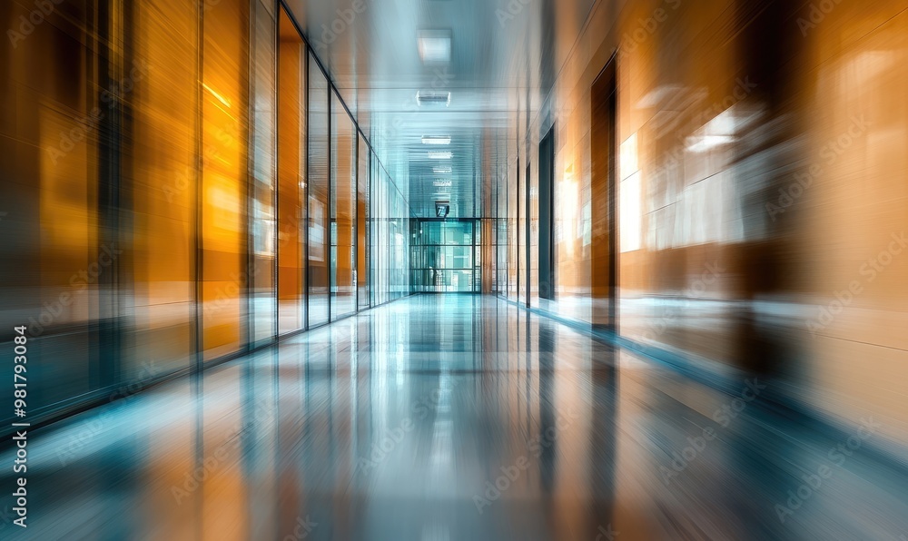 A long hallway with a glass door in the middle A long hallway with a glass door in the middle
