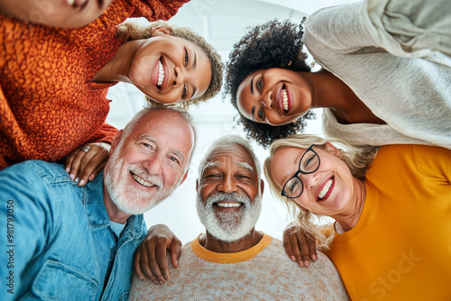 Five diverse individuals smiling while huddling in a circle, emphasizing joy and togetherness captured from a unique below-angle perspective.