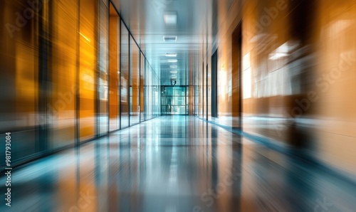 A long hallway with a glass door in the middle