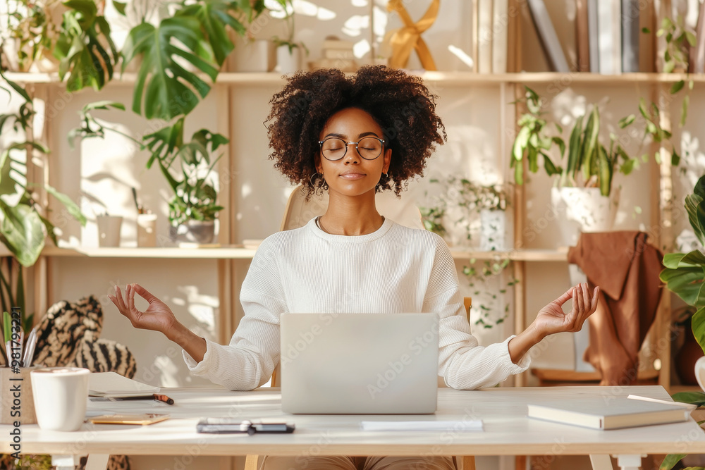 A young woman balances work and relaxation by meditating at her home office desk A young woman balances work and relaxation by meditating at her home office desk