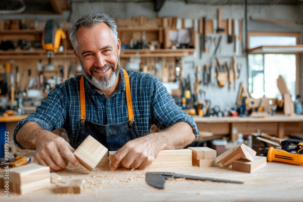 A smiling craftsman works with wood blocks in his workshop, embodying the spirit of craftsmanship, creativity, and dedication in a creatively cluttered space. A smiling craftsman works with wood blocks in his workshop, embodying the spirit of craftsmanship, creativity, and dedication in a creatively cluttered space.