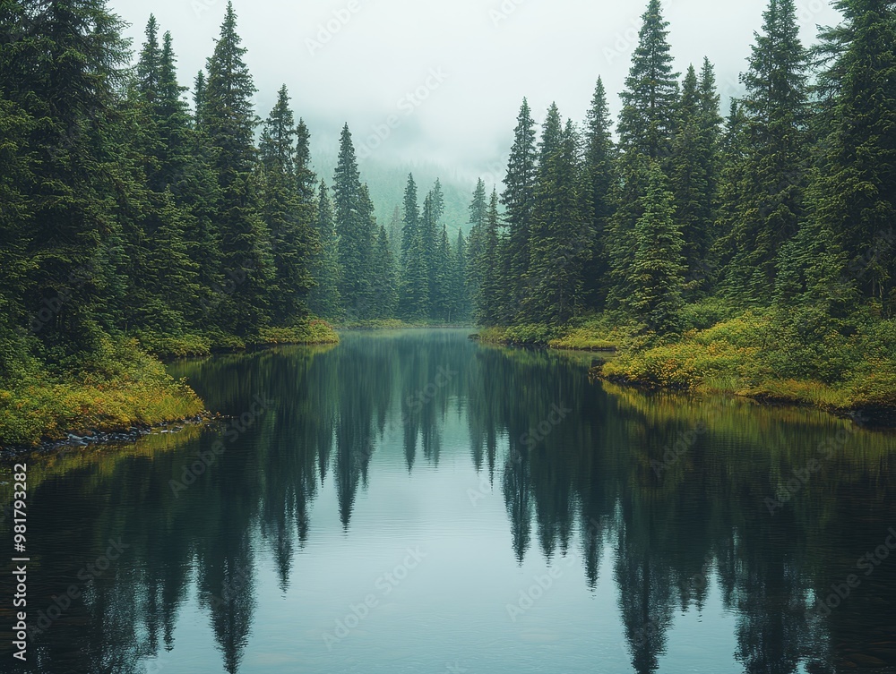 Tranquil Forest Lake with Reflection on a Misty Morning Tranquil Forest Lake with Reflection on a Misty Morning