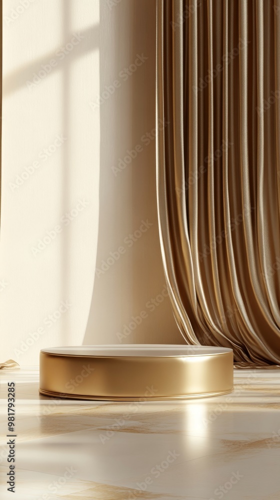 A gold podium on the floor with golden curtains in front of it, a minimalistic background, simple, elegant, clean, light beige and white, hyper-realistic photography, product display. A gold podium on the floor with golden curtains in front of it, a minimalistic background, simple, elegant, clean, light beige and white, hyper-realistic photography, product display.