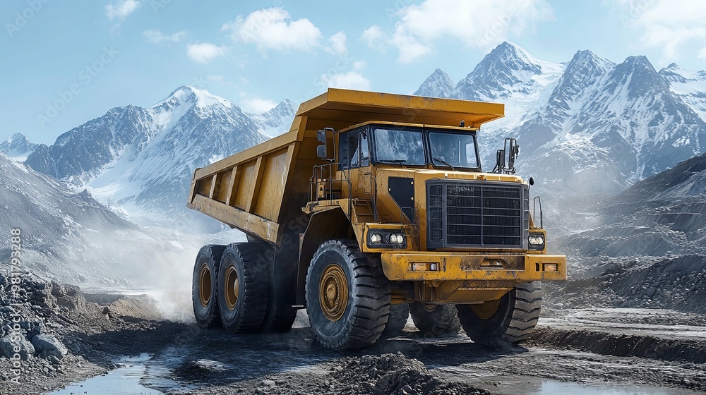 Yellow Dump Truck Driving Through a Mountainous Landscape Yellow Dump Truck Driving Through a Mountainous Landscape