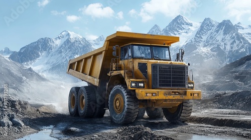 Yellow Dump Truck Driving Through a Mountainous Landscape