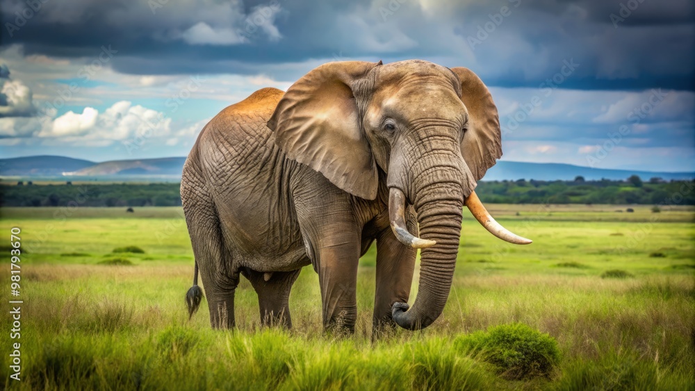 Fototapeta premium Overweight elephant standing in a green field with its trunk raised