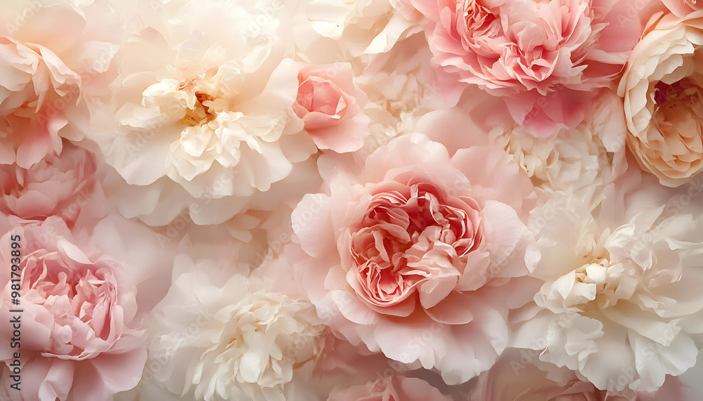 Soft, blooming peonies and roses in pastel shades, adding a delicate and feminine touch Soft, blooming peonies and roses in pastel shades, adding a delicate and feminine touch