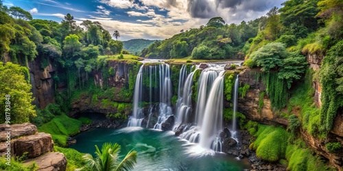 Panoramic view of a majestic waterfall cascading into a deep chasm surrounded by lush greenery