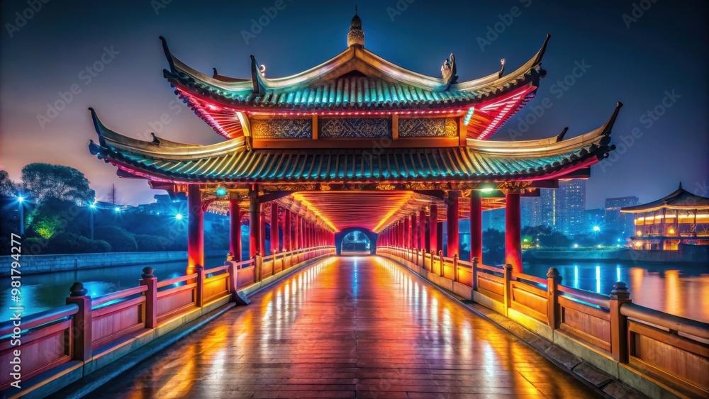 Chinese covered bridge illuminated by neon lights at night, China, bridge, traditional, architecture, landmark, lighting, night Chinese covered bridge illuminated by neon lights at night, China, bridge, traditional, architecture, landmark, lighting, night