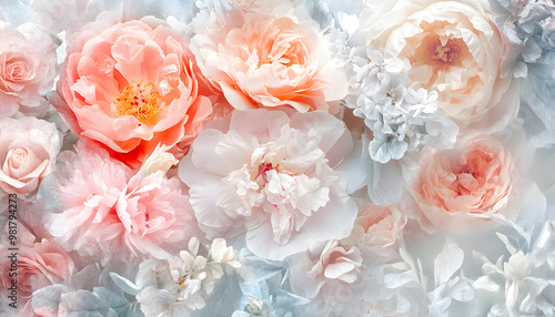 Soft, blooming peonies and roses in pastel shades, adding a delicate and feminine touch