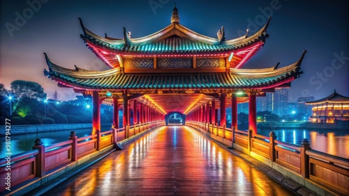 Chinese covered bridge illuminated by neon lights at night, China, bridge, traditional, architecture, landmark, lighting, night