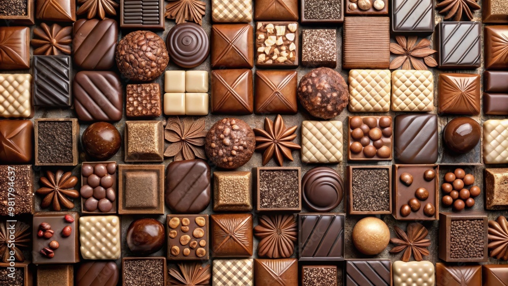 Top view of assorted chocolate tiles in different colors and shapes , chocolate, background, top view, variety Top view of assorted chocolate tiles in different colors and shapes , chocolate, background, top view, variety