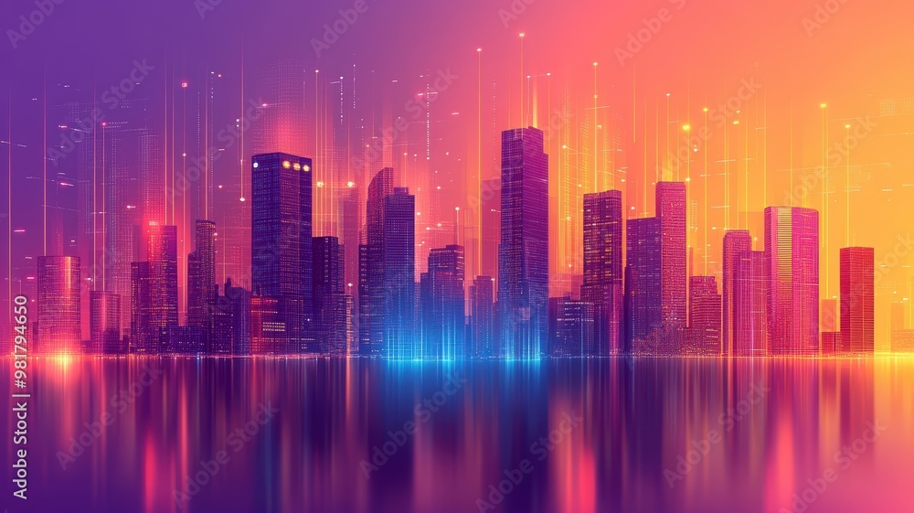 Vibrant city skyline at sunset, illuminated by colorful lights, reflecting beautifully on the water surface. Vibrant city skyline at sunset, illuminated by colorful lights, reflecting beautifully on the water surface.