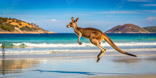 Kangaroo hopping mid air on sand near the surf at Lucky Bay beach, Australia, wildlife, kangaroo, hopping, jumping, mid air photo