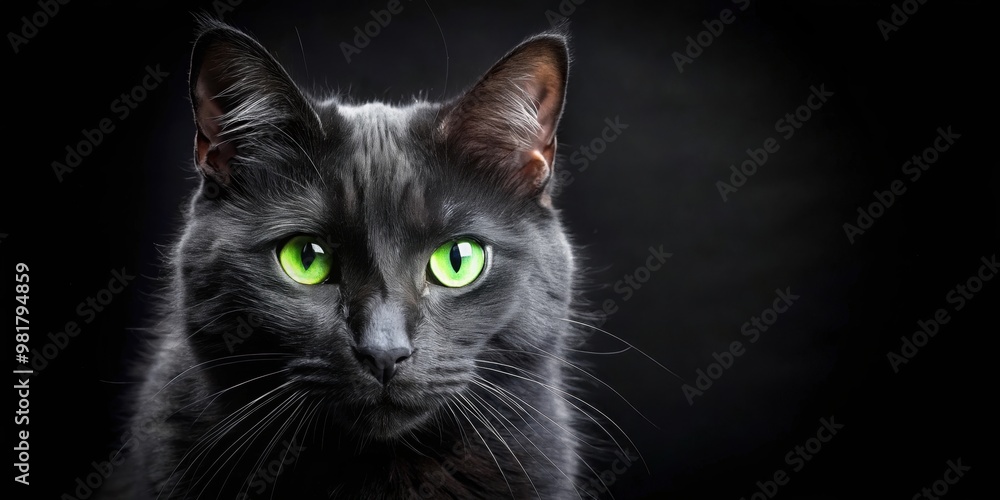 Black cat with bright green eyes on a dark background, feline, pet, fur, animal, mysterious, superstition, Halloween, spooky, adorable Black cat with bright green eyes on a dark background, feline, pet, fur, animal, mysterious, superstition, Halloween, spooky, adorable