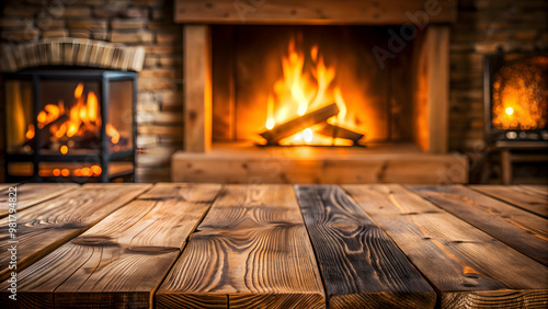Empty wooden surface with blurred fireplace in background for montage, empty, wooden, surface, blurred