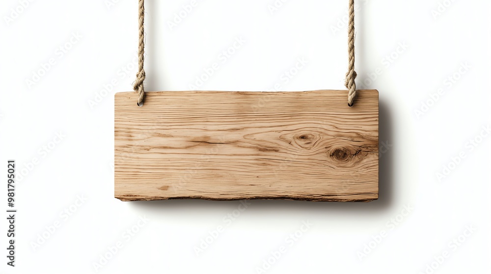 Rustic wooden sign hanging from a rope isolated on a white background. Ideal for shop, cafe signage, or creative design uses. Rustic wooden sign hanging from a rope isolated on a white background. Ideal for shop, cafe signage, or creative design uses.