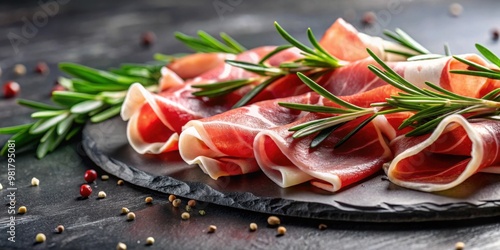 Italian prosciutto crudo or jamon with rosemary, a delicious and savory raw ham, Italian, prosciutto, crudo, jamon, rosemary
